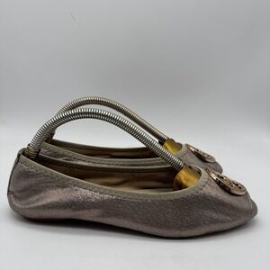 Tory Burch Metallic Pewter Ballet Flats Embellished Logo Women's Shoes